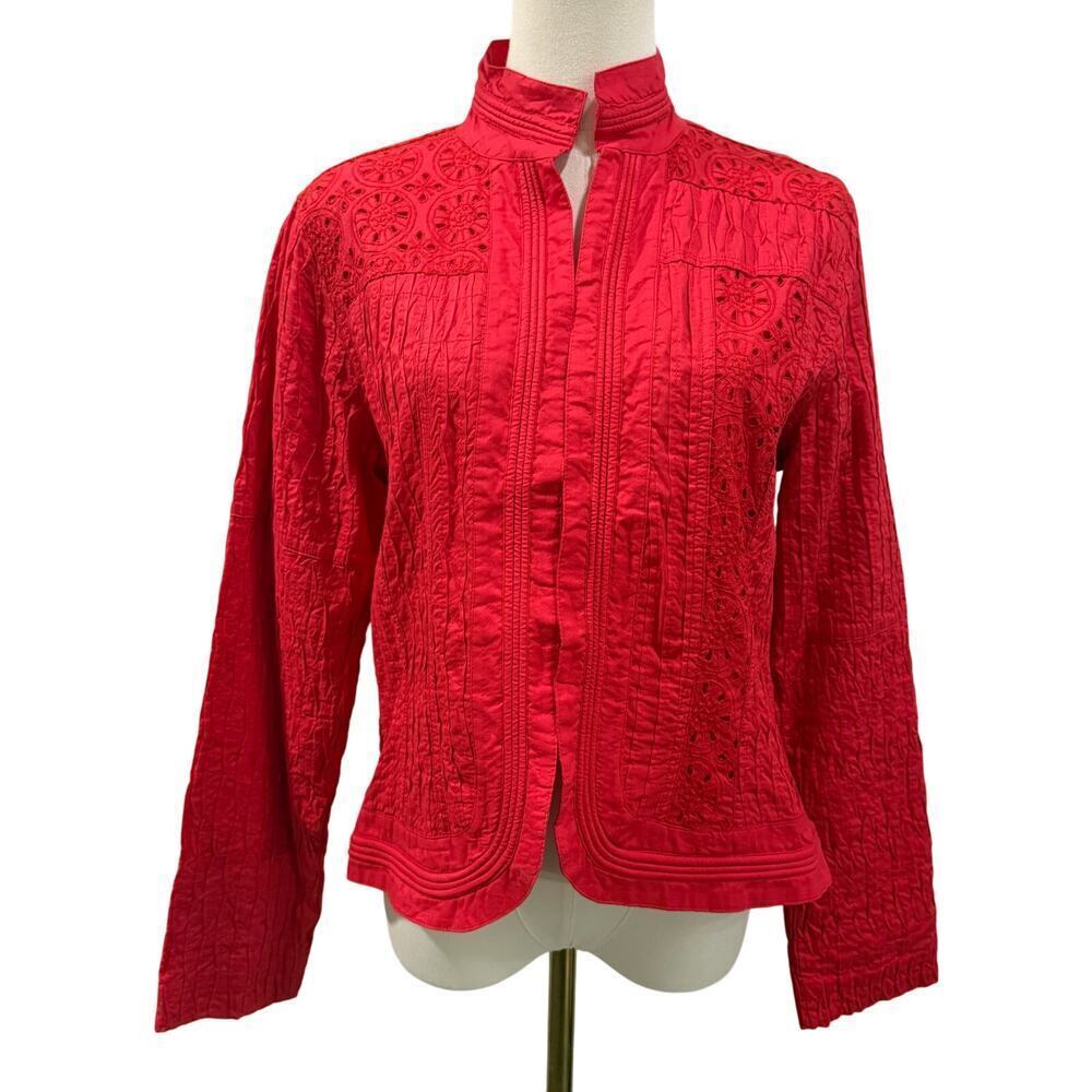Chico’s Strawberry Red Pink Embroidered Pintuck Jacket Size 1 Medium Boho Artsy